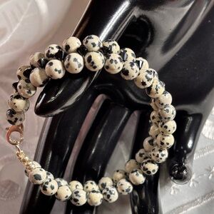 Handmade Dalmatian Jasper Beaded Bracelet - Cream & Black 7.5 inches